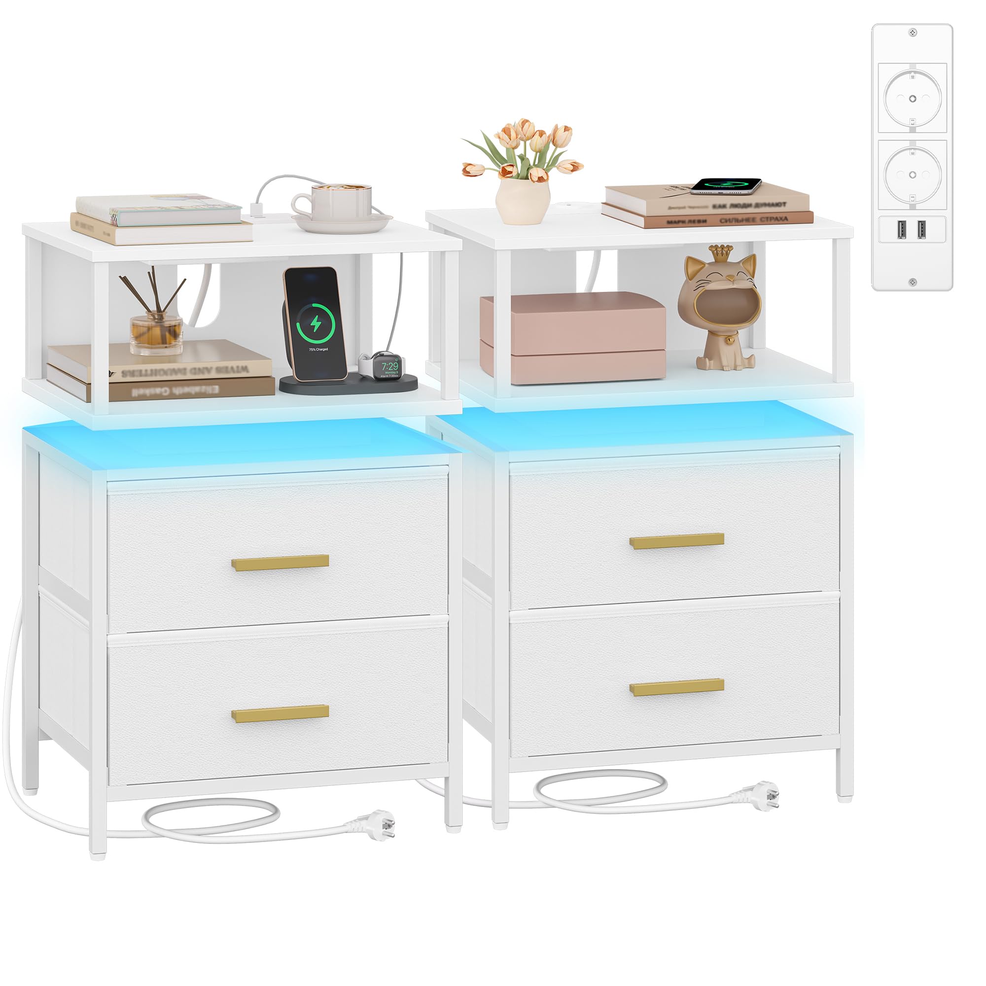 hexcelen-table-de-chevet-clair-e-lot-de-2-blanc-usb image 1