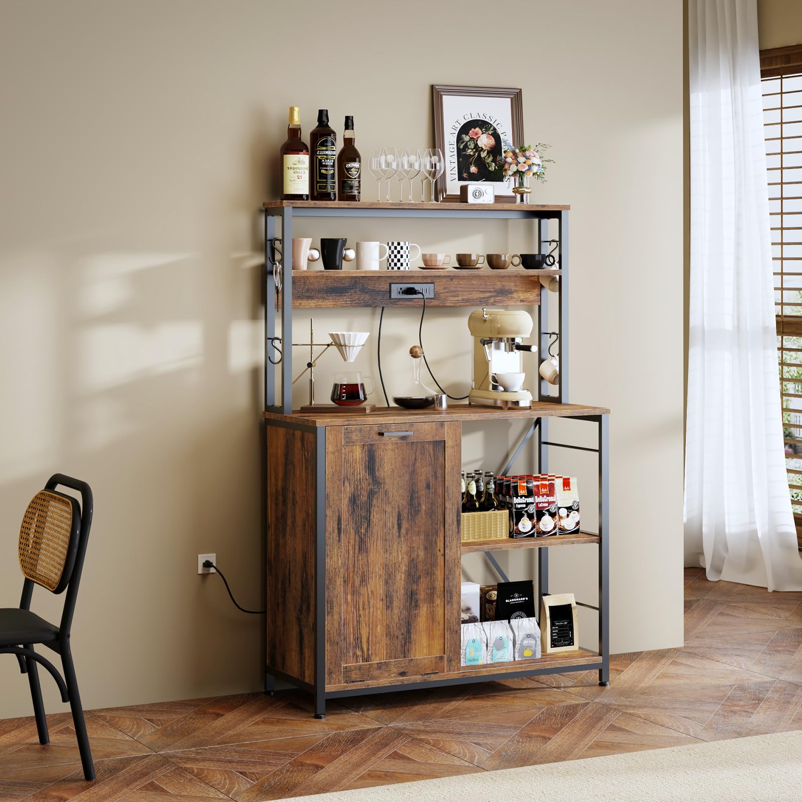 hoobro-meuble-cuisine-micro-ondes-5-niveaux-marron-avec-poubelle image 4