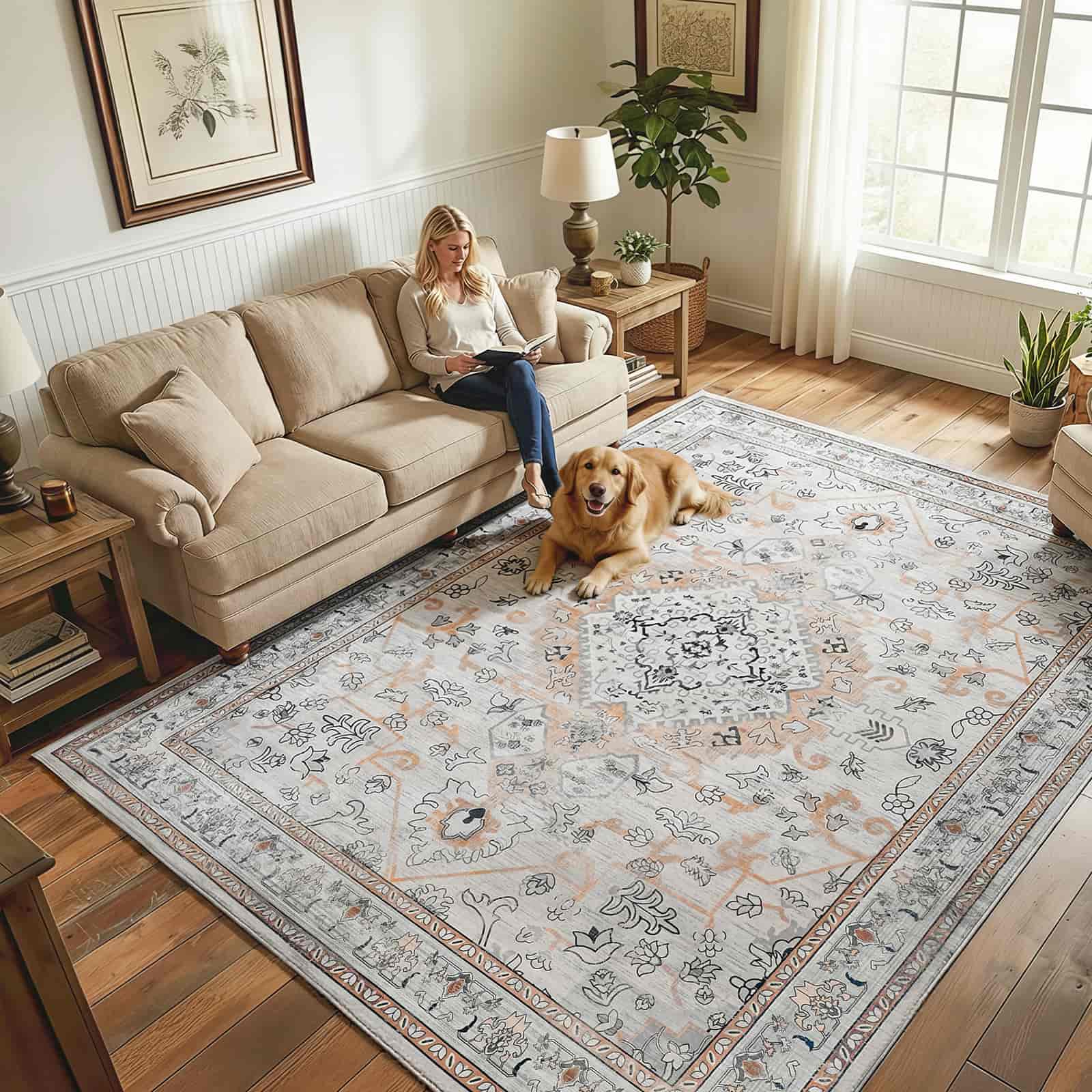 hoobro-tapis-salon-vintage-6x9-pieds-beige-lavable image 2