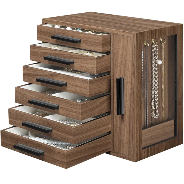hoobro-jewelry-boxes-bo-te-bijoux-bois-noyer-6-tiroirs image 1