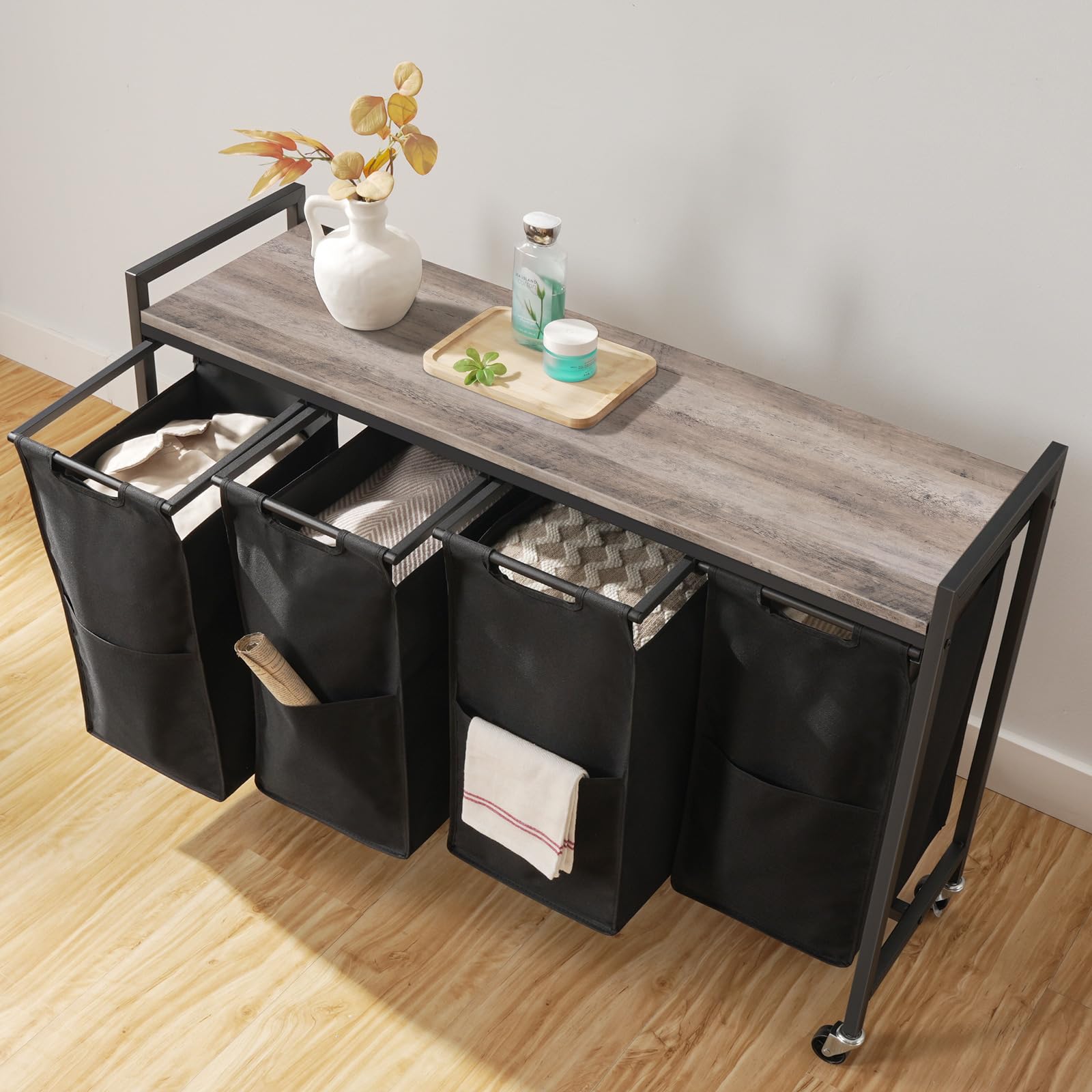 hoobro-panier-linge-trieur-4-bacs-greige-160-l-roulettes image 4