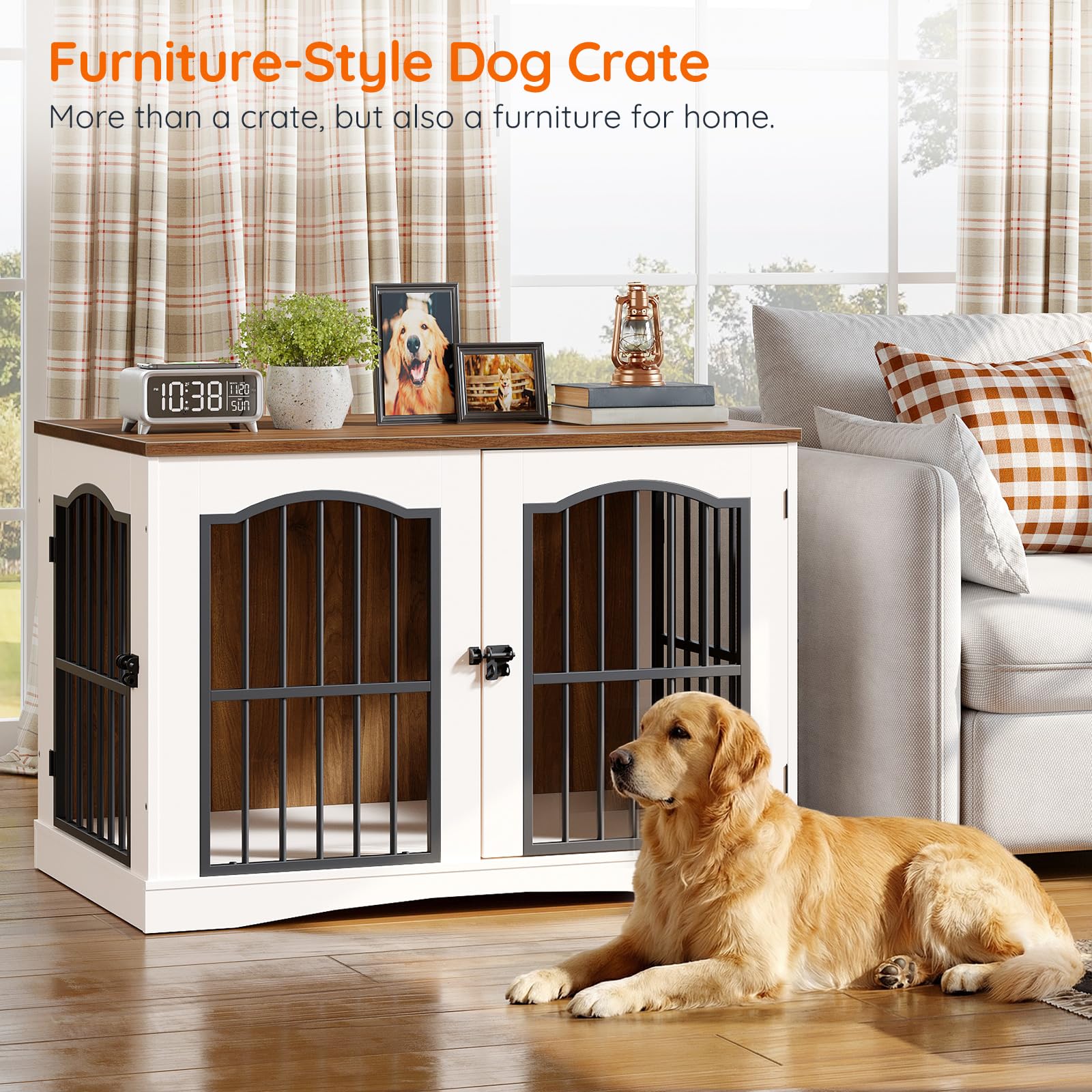 hoobro-meuble-niche-chien-blanc-3-portes-39-pouces-salon image 6