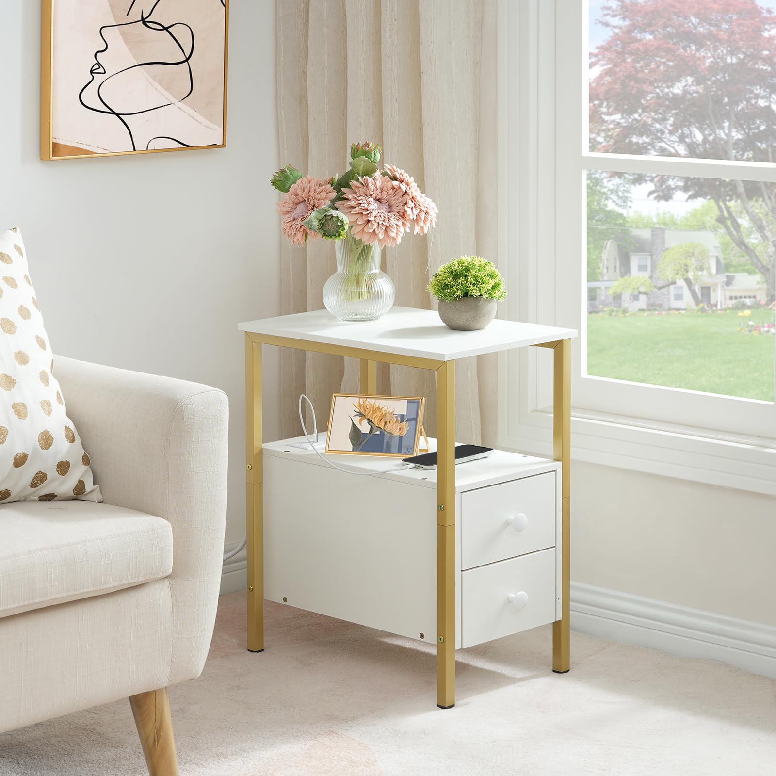 hoobro-side-tables-table-appoint-blanche-2-tiroirs-usb-dw541bz01 image 7