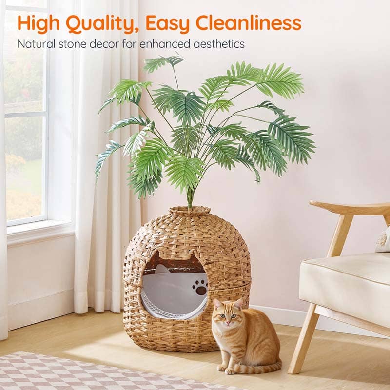 hoobro-meuble-liti-re-chat-rotin-naturel-avec-plante image 6