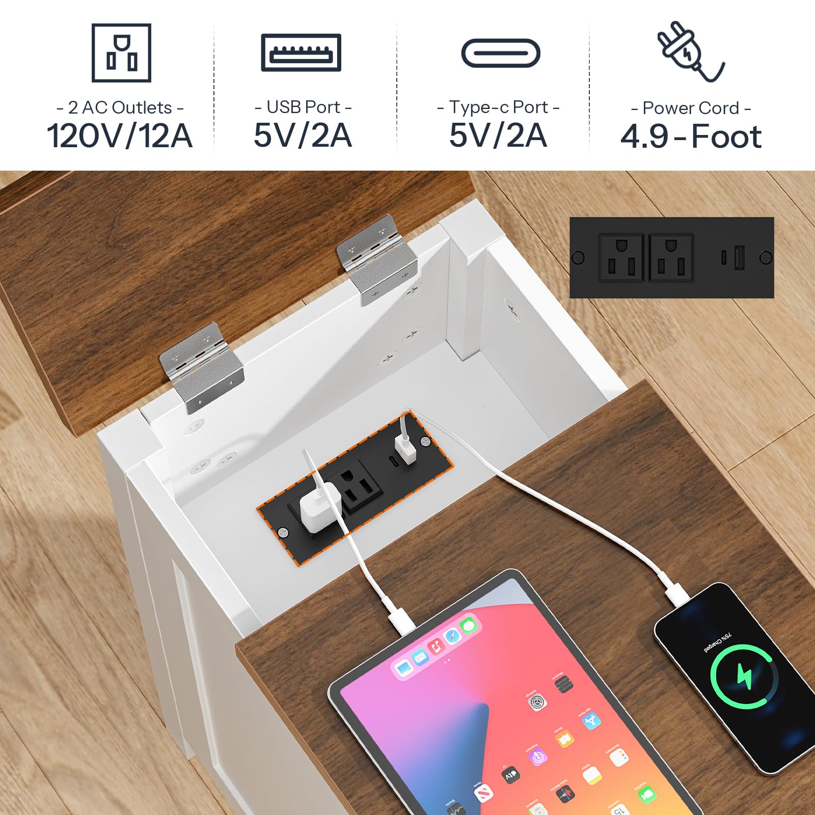hoobro-table-de-chevet-troite-blanche-prise-usb-type-c image 5