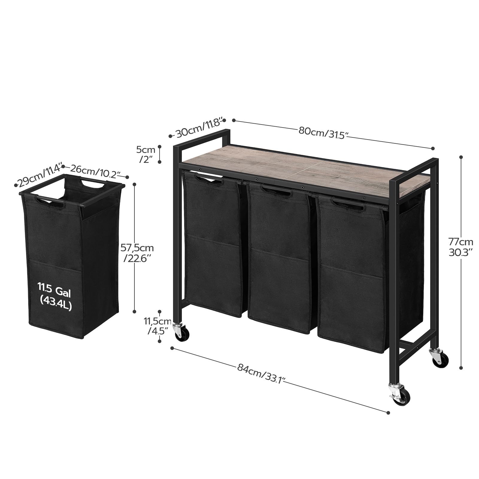 hoobro-panier-linge-3-bacs-noir-43-4-l-roulettes-avec-tag-re image 3