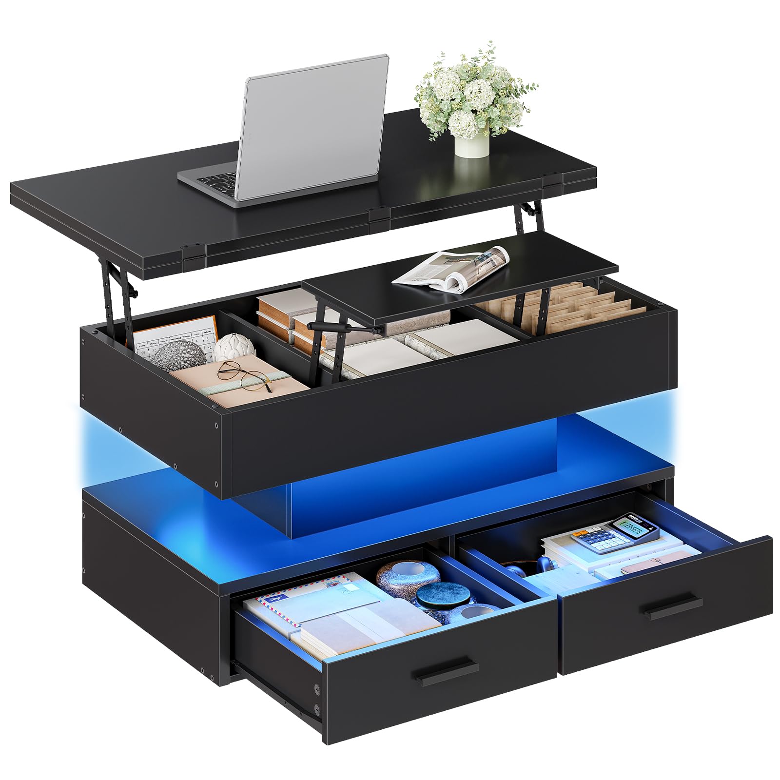 hoobro-coffee-tables-table-basse-noire-relevable-led-rangement image 1