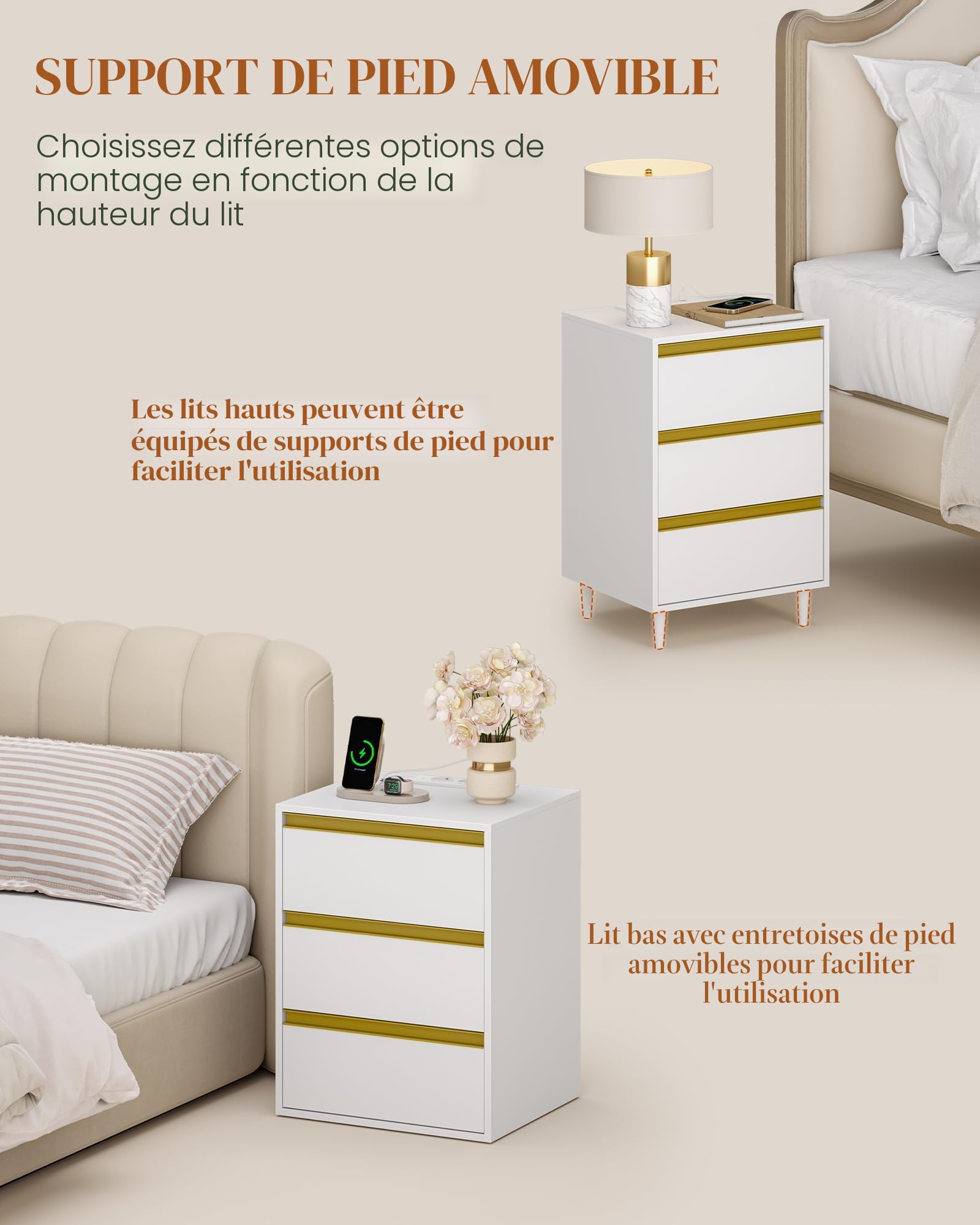 hexcelen-tables-de-chevet-lot-2-tables-nuit-blanches-prises-usb image 4