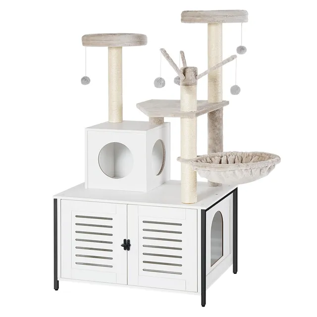hoobro-arbre-chat-bois-blanc-avec-meuble-liti-re image 1