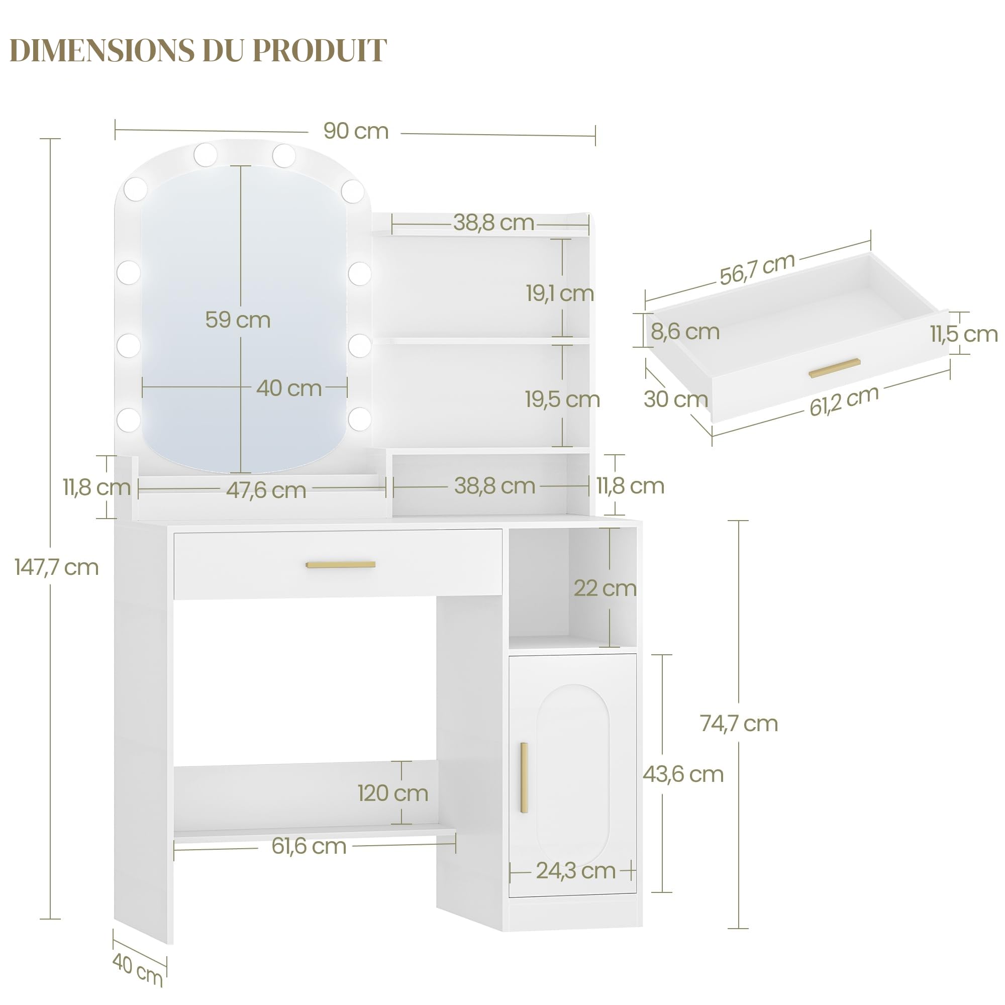 hexcelen-coiffeuse-miroir-ovale-led-table-maquillage-blanc-90-cm image 2