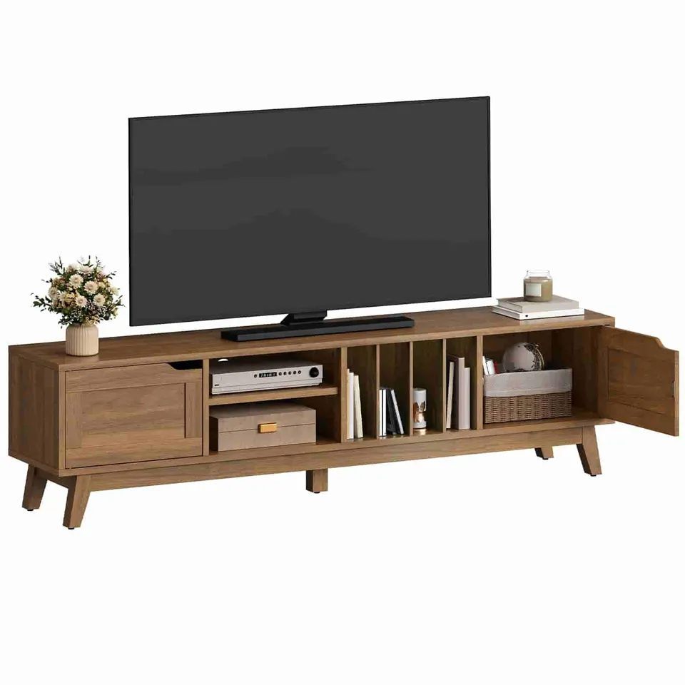 hoobro-meuble-tv-85-pouces-marron-2-portes-vintage image 1