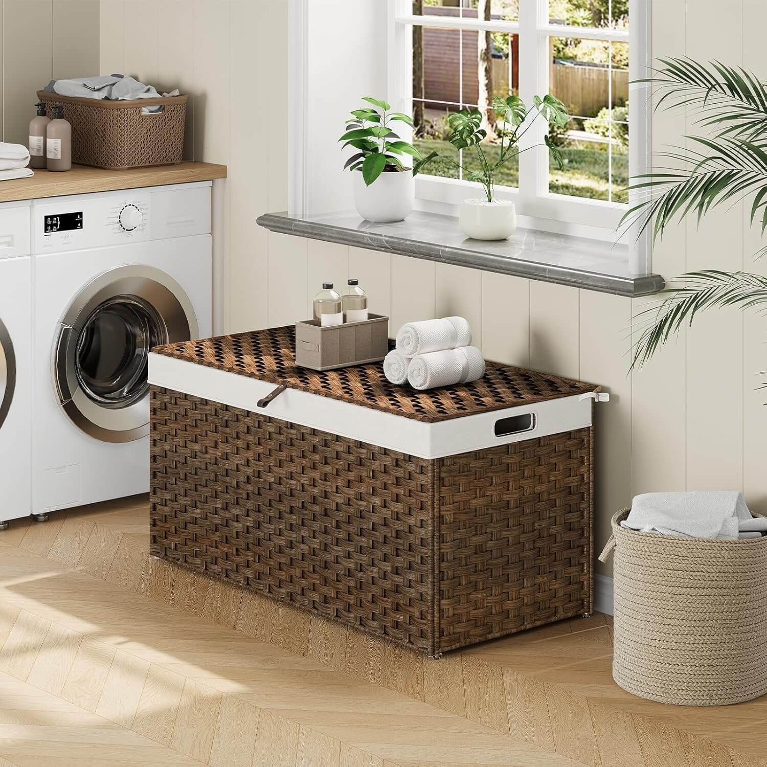 hoobro-panier-rangement-tissu-200l-couvercle-marron image 8