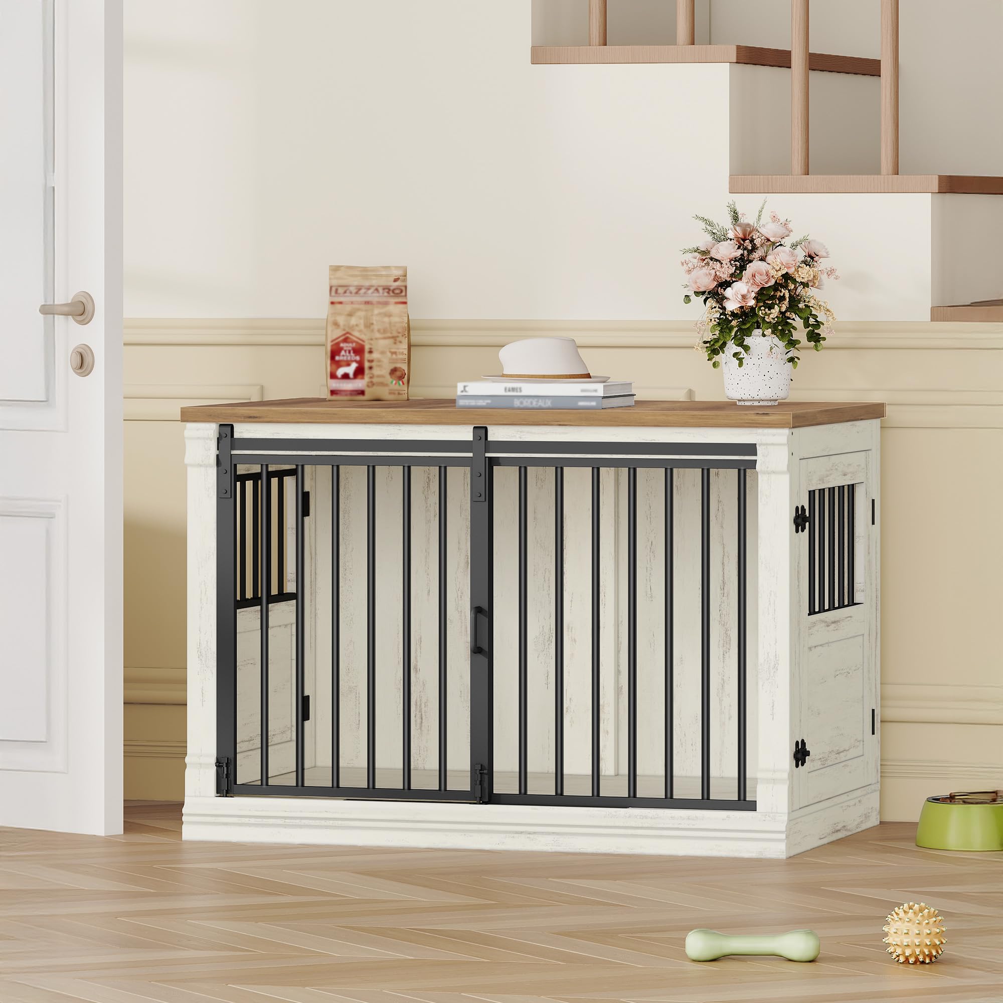 hexcelen-meuble-cage-chien-101-cm-niche-blanc-marron-porte-coulissante image 5