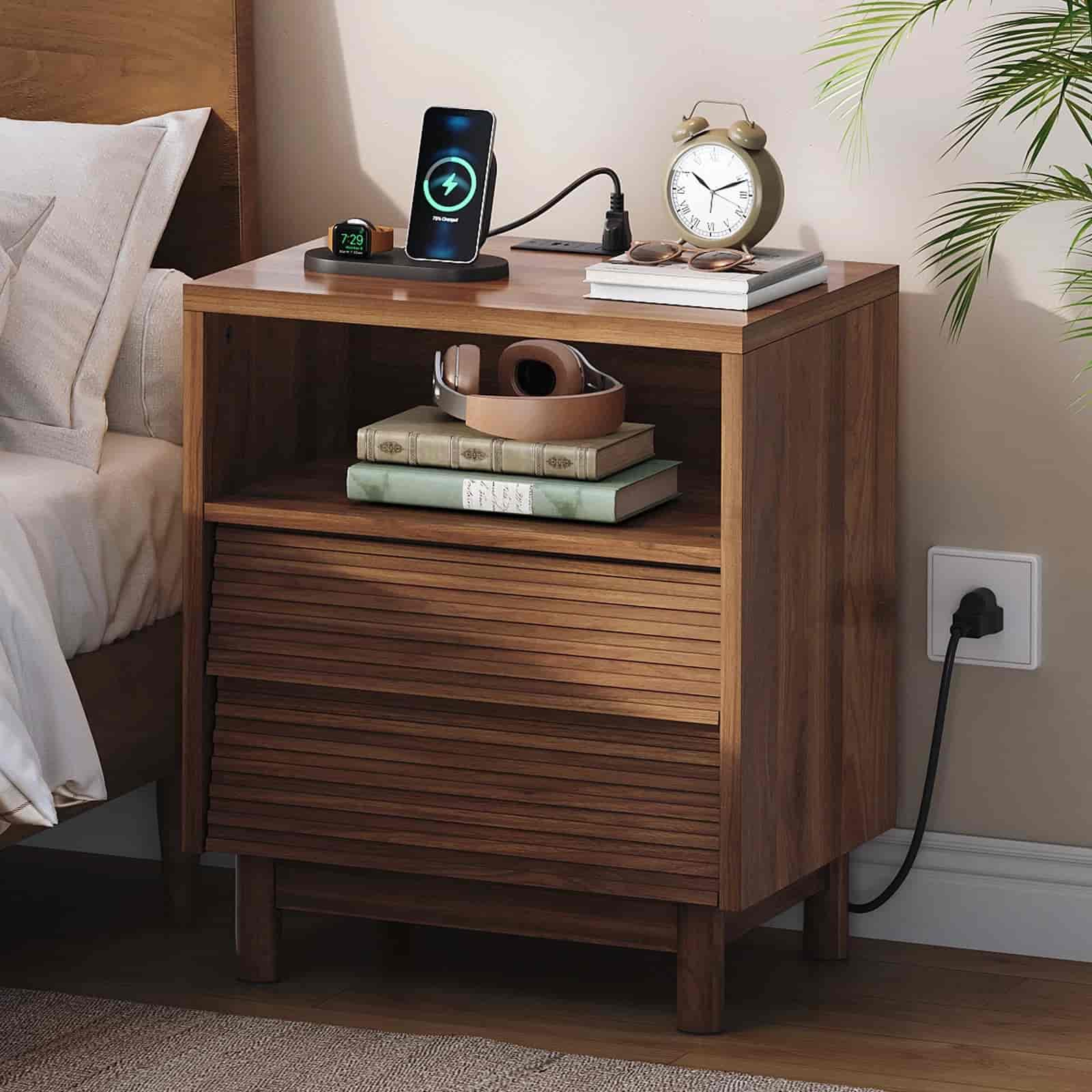 hoobro-nightstands-table-de-chevet-marron-2-tiroirs-chargeur image 2