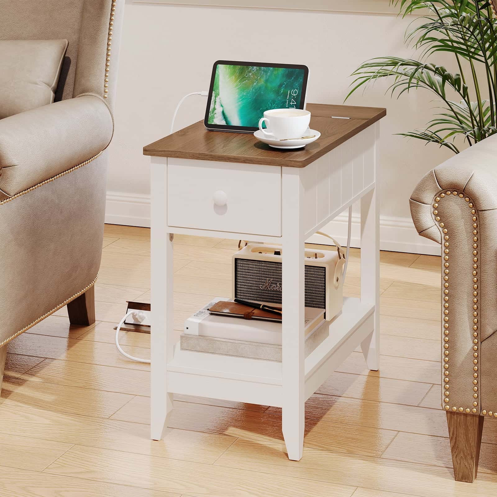 hoobro-side-tables-table-d-appoint-blanche-prises-usb image 5