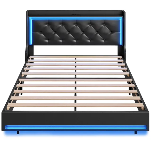 hoobro-bed-frames-lit-queen-noir-led-usb-capitonn image 1