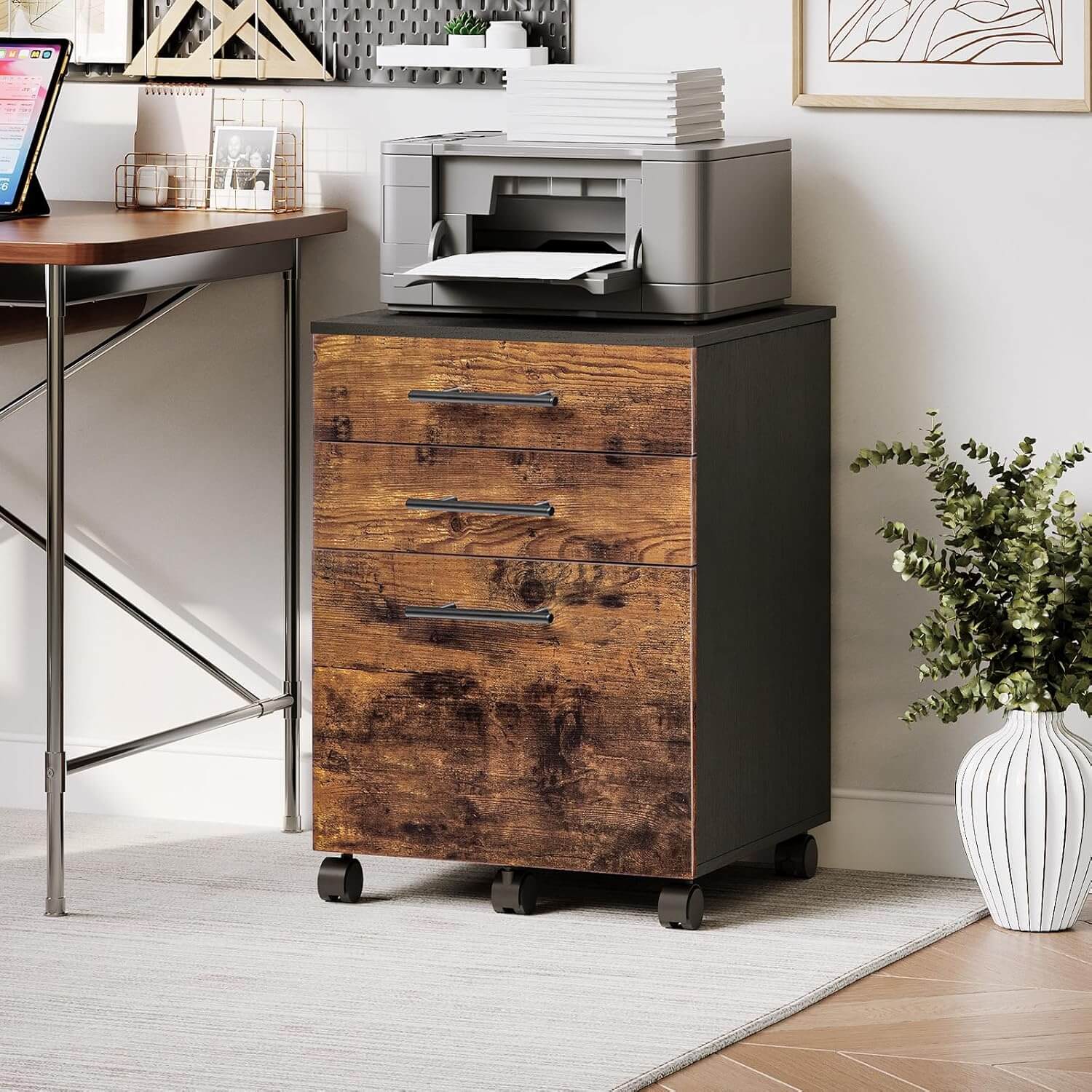 hoobro-caisson-de-bureau-3-tiroirs-marron-a4-roulettes image 2