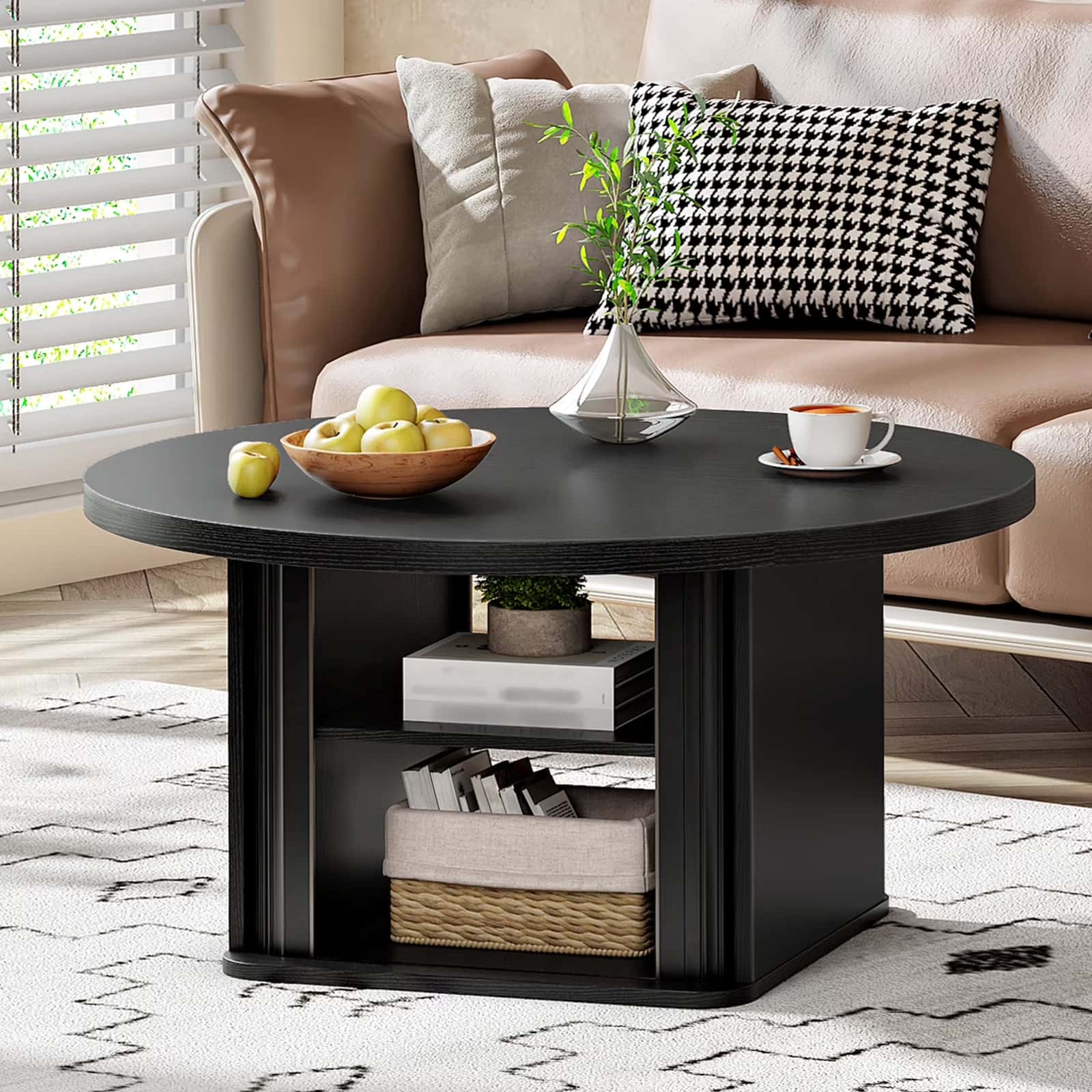hoobro-table-basse-ronde-noire-avec-rangement-80-cm image 4