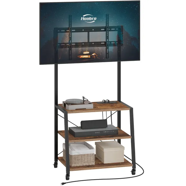 hoobro-tv-stands-bf66uds01-meuble-tv-roulettes-marron image 1