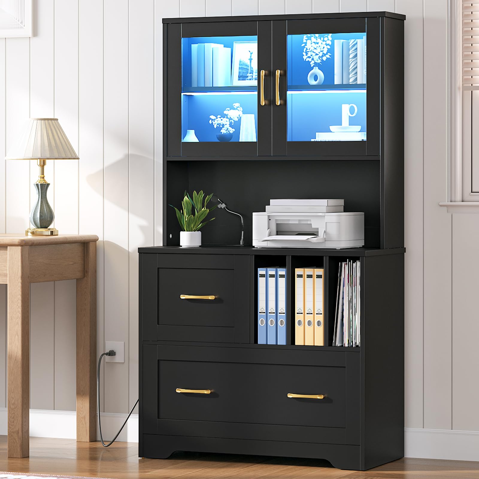 hoobro-caisson-2-tiroirs-classeur-noir-led-usb image 2