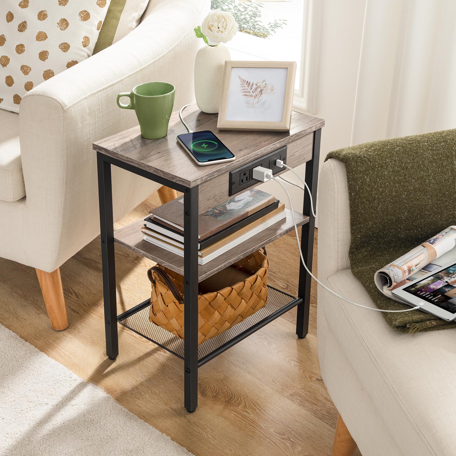 hoobro-side-tables-table-d-appoint-3-niveaux-greige-avec-usb image 2