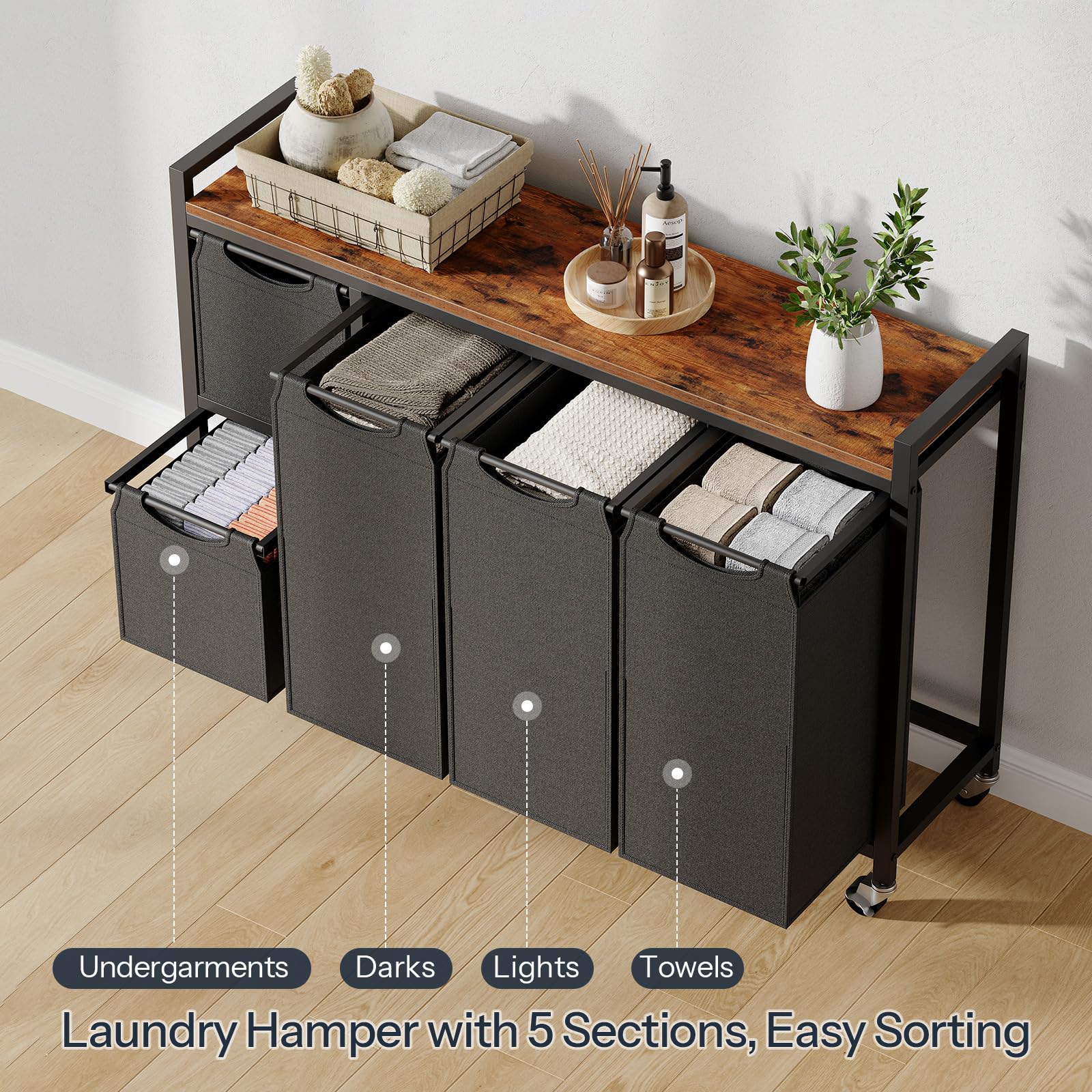 hoobro-bf26xy01-panier-linge-5-bacs-170l-marron-roulettes image 4
