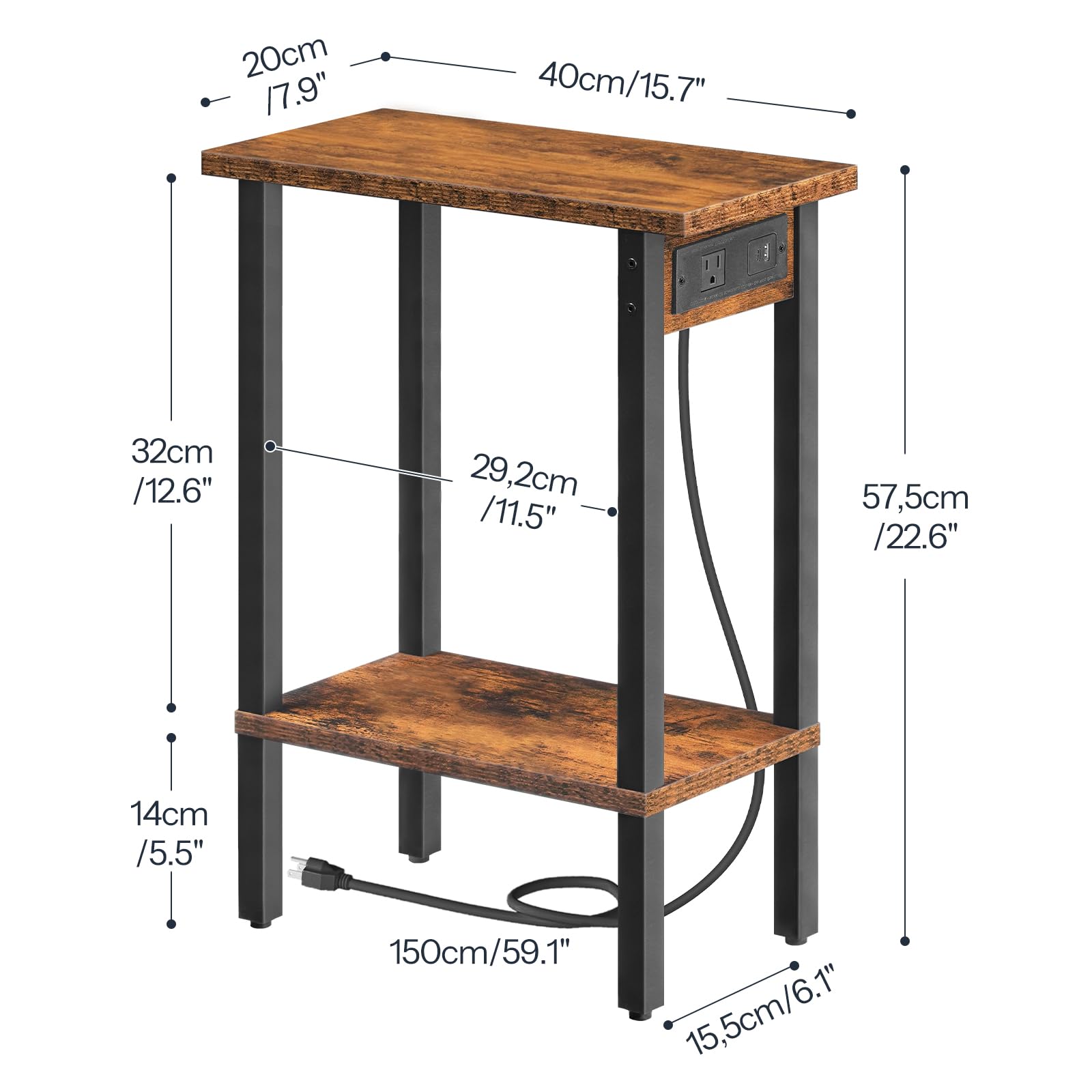 hoobro-bf240ubz01-table-d-appoint-troite-marron-avec-prise image 3