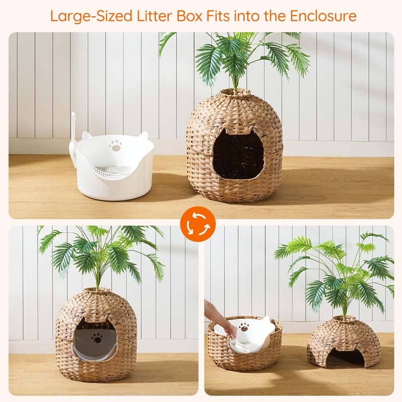 hoobro-meuble-liti-re-chat-rotin-naturel-avec-plante image 7