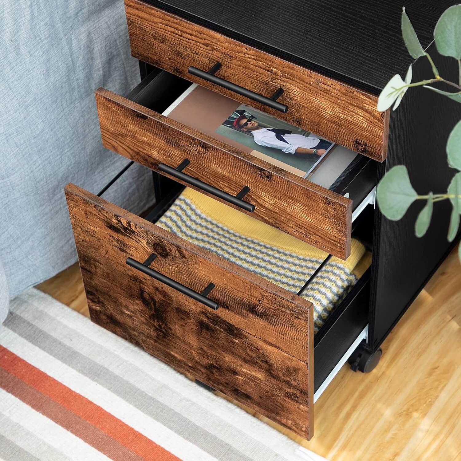 hoobro-caisson-de-bureau-3-tiroirs-marron-a4-roulettes image 4
