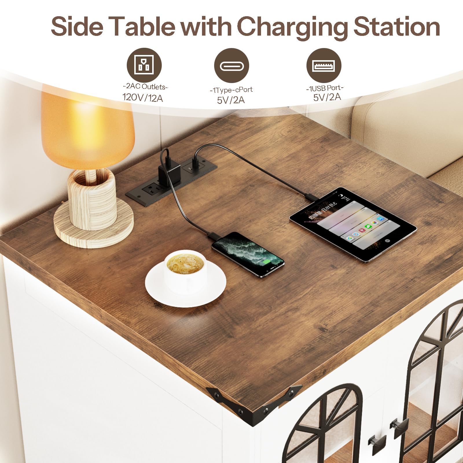 hoobro-table-de-nuit-blanche-led-avec-charge-et-armoire-2-portes image 7
