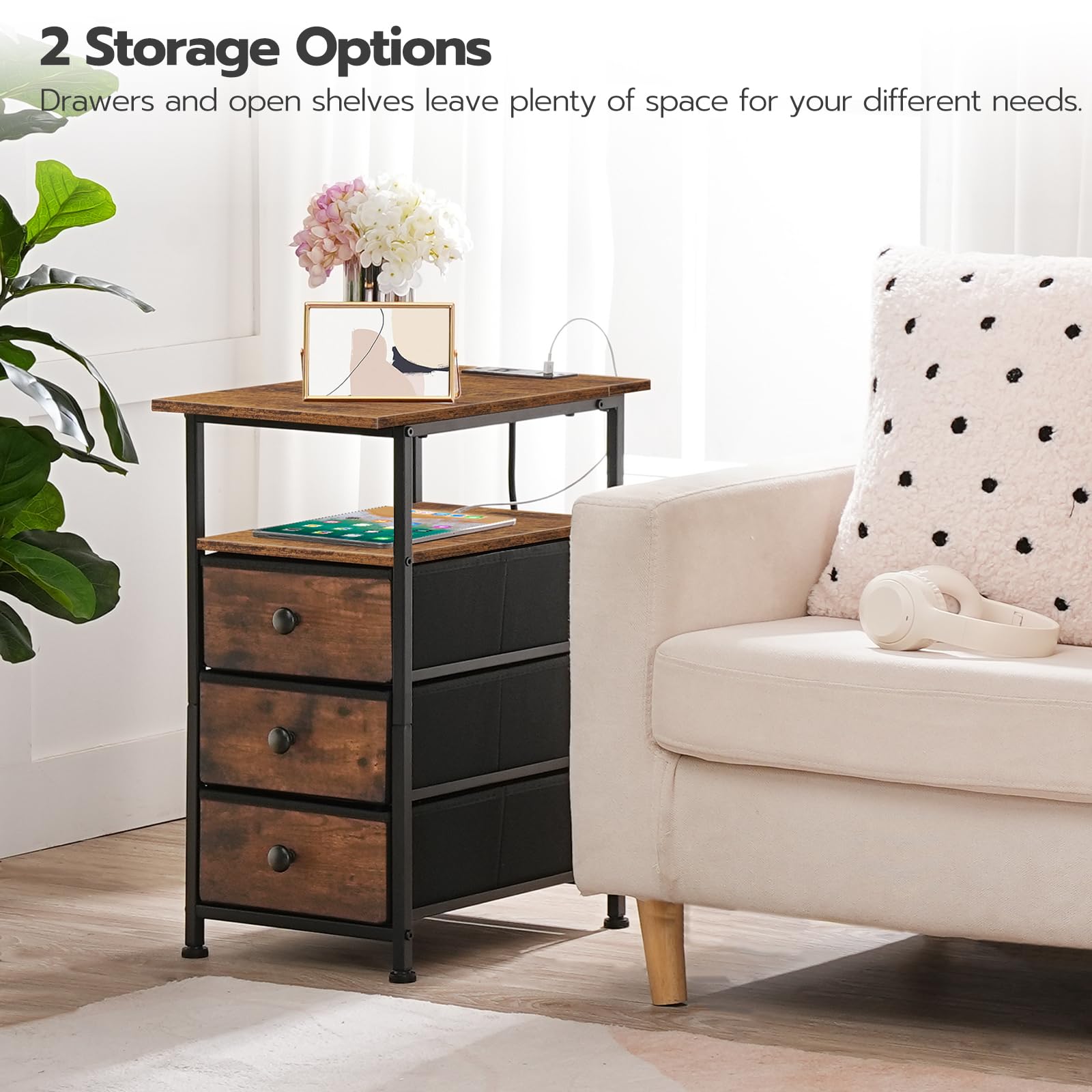 hoobro-side-tables-table-chevet-marron-avec-prise-3-tiroirs image 2