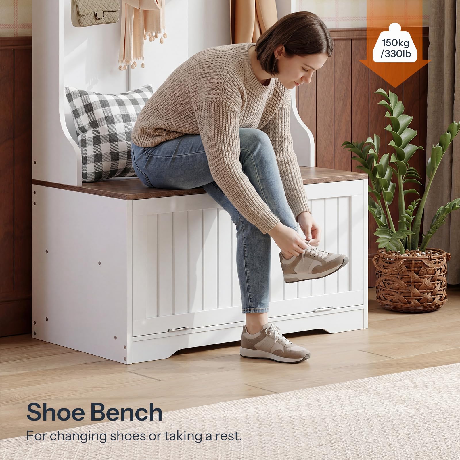 hoobro-vestiaire-d-entr-e-blanc-avec-banc-et-led image 7