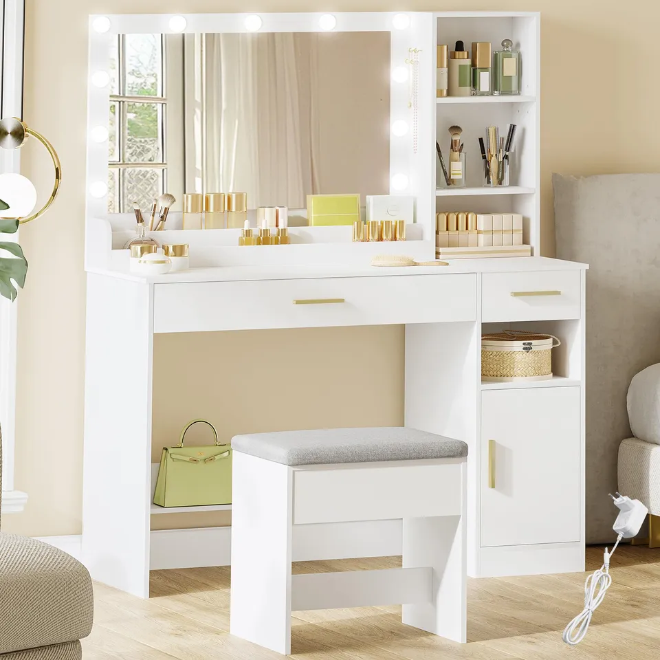hexcelen-coiffeuse-led-blanche-108-cm-avec-tabouret image 1