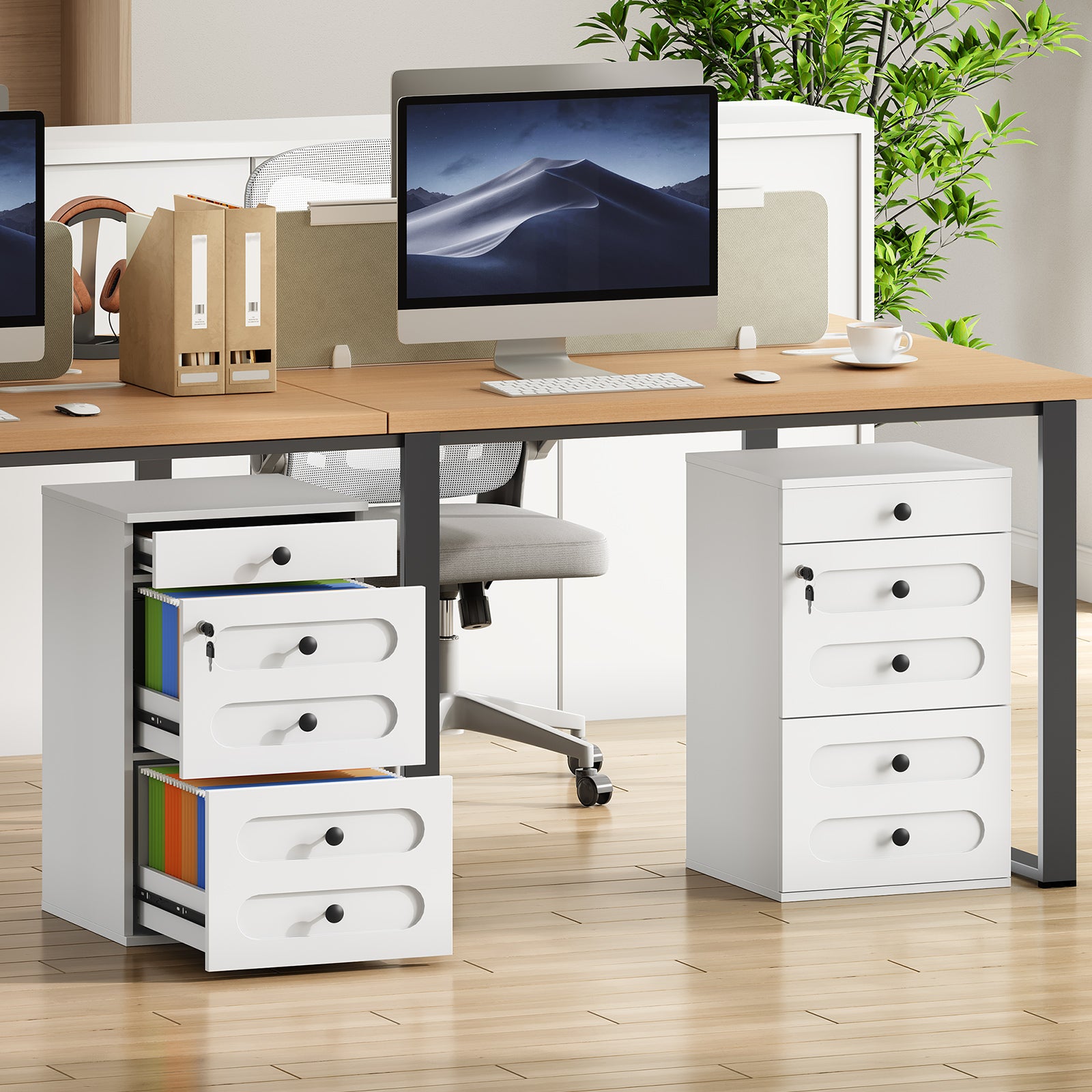 hoobro-caisson-de-bureau-blanc-3-tiroirs-verrou-roulettes image 5