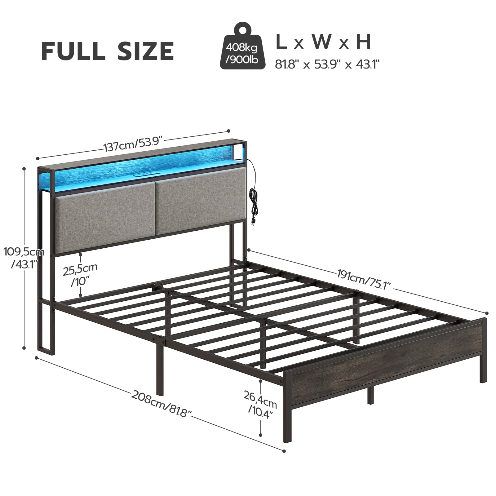 hoobro-bed-frames-cadre-de-lit-m-tal-led-gris-t-te-rangement image 4