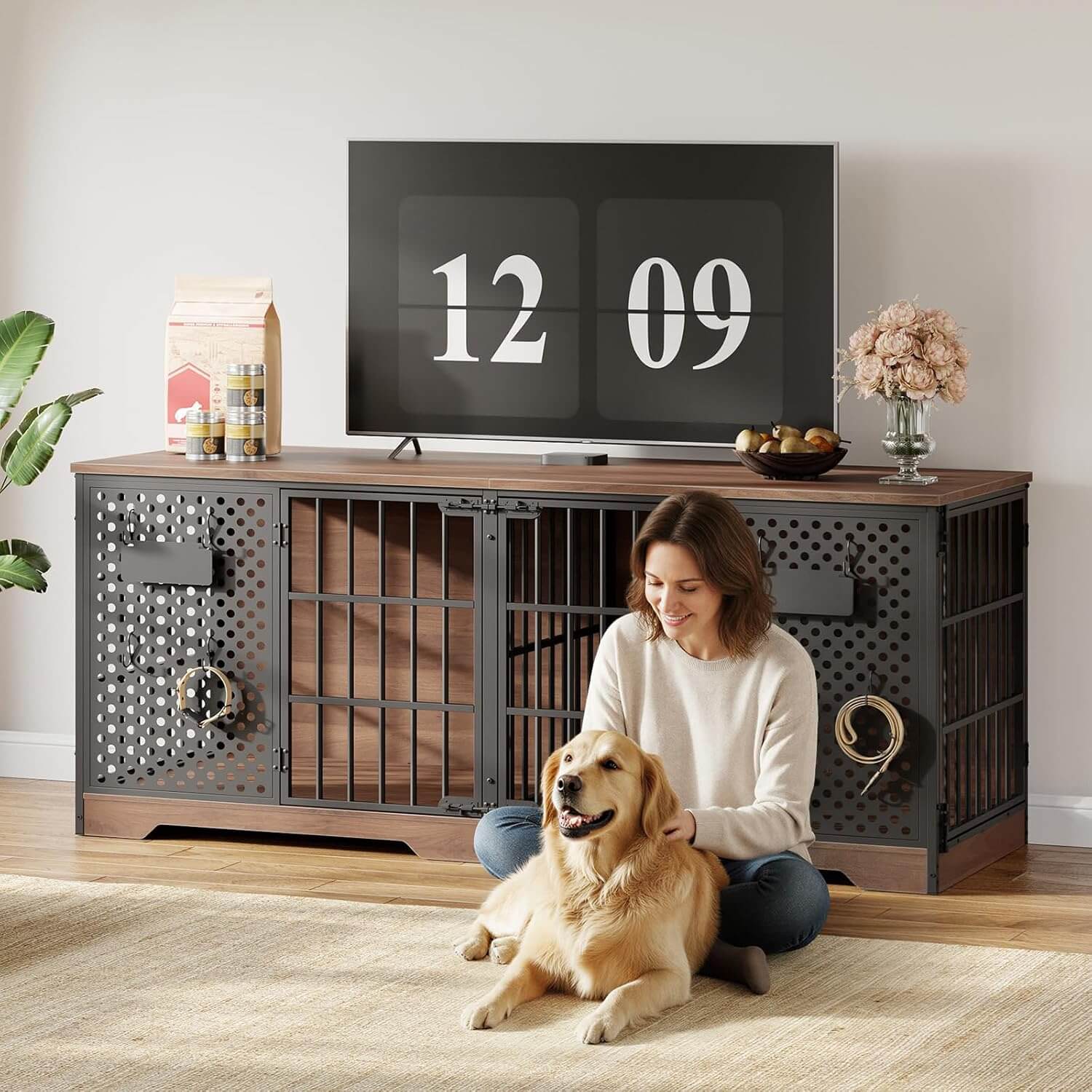 hoobro-double-niche-chien-meuble-tv-180-cm-noyer image 7