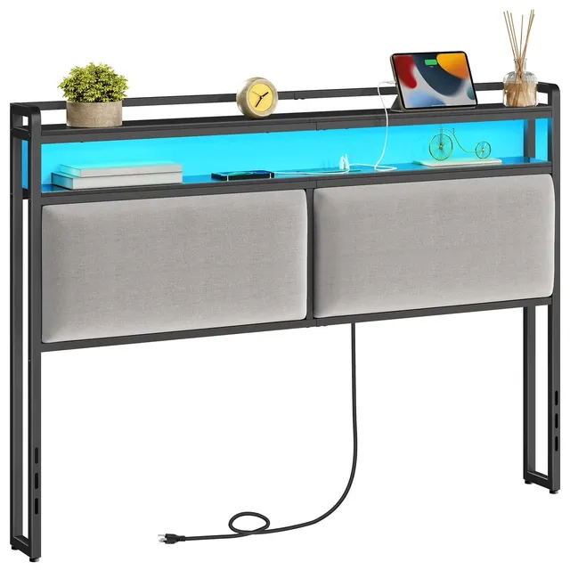 hoobro-headboards-t-te-de-lit-queen-grise-led-avec-prises image 1