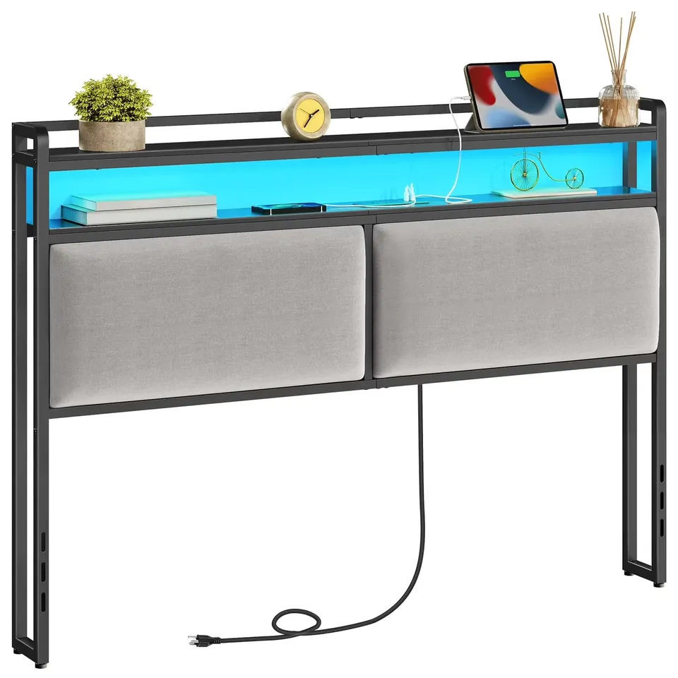 hoobro-headboards-t-te-de-lit-queen-grise-led-avec-prises image 1