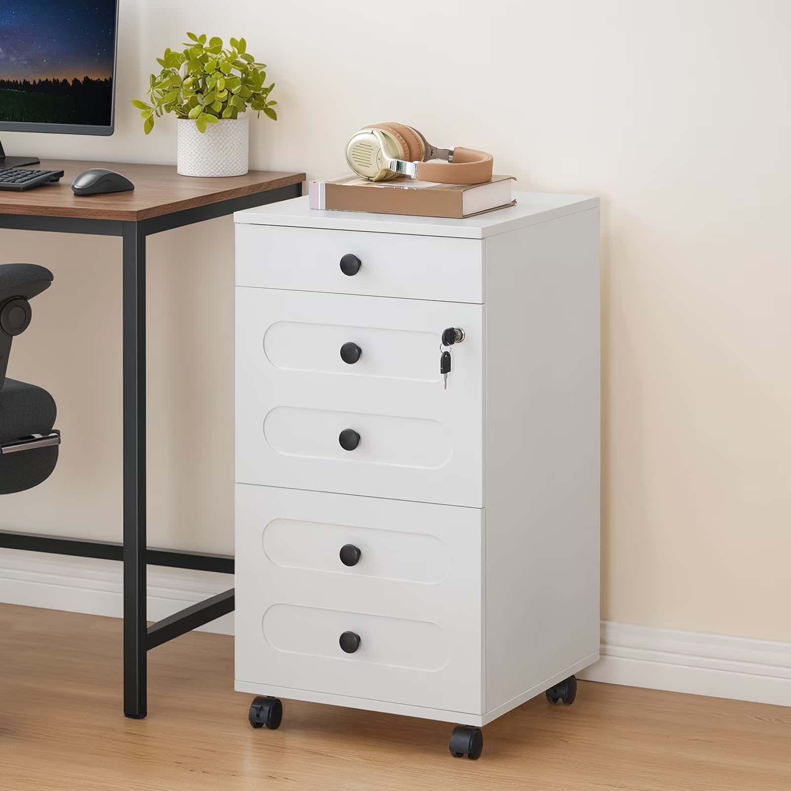 hoobro-caisson-de-bureau-blanc-3-tiroirs-verrou-roulettes image 2