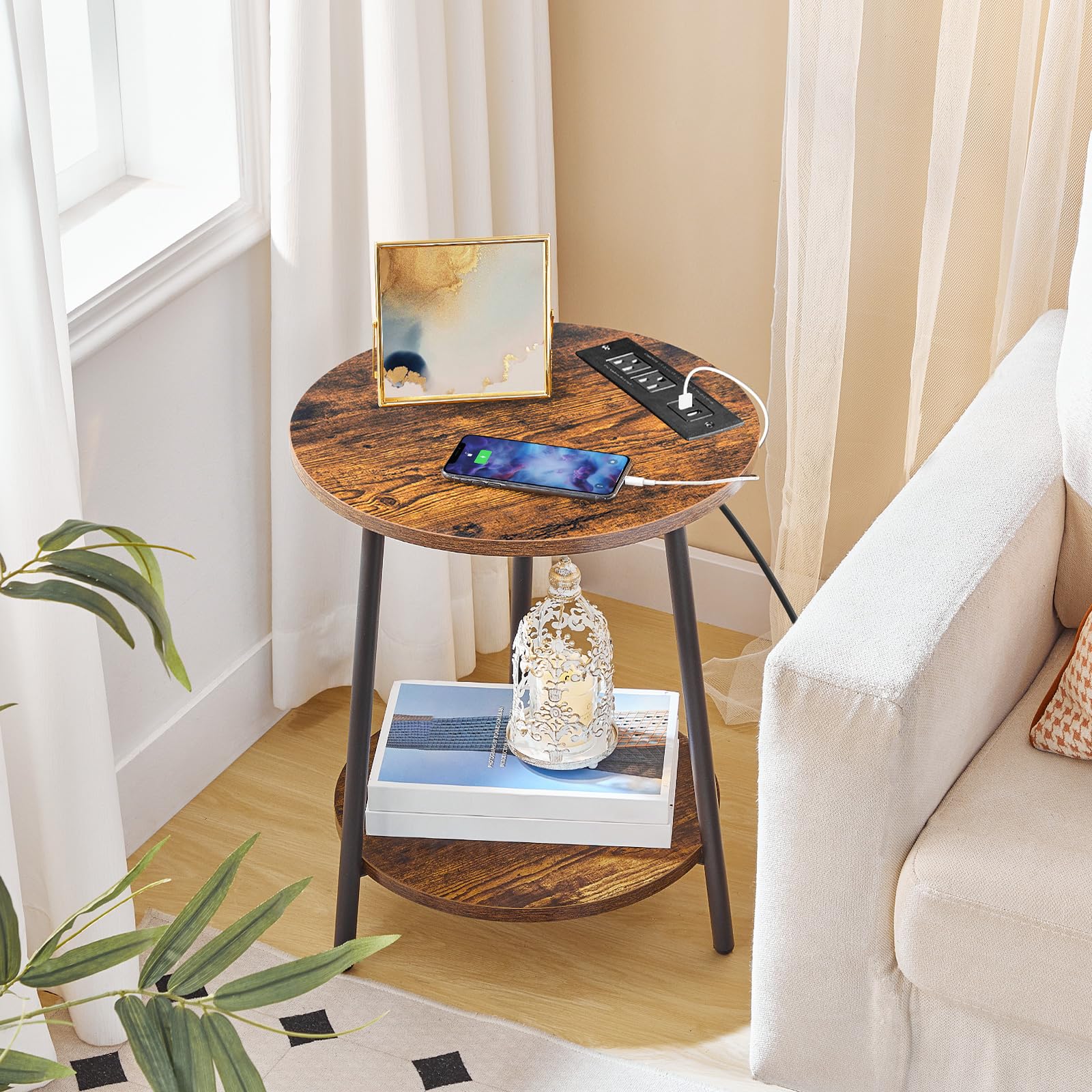 hoobro-table-d-appoint-ronde-double-plateau-marron image 2