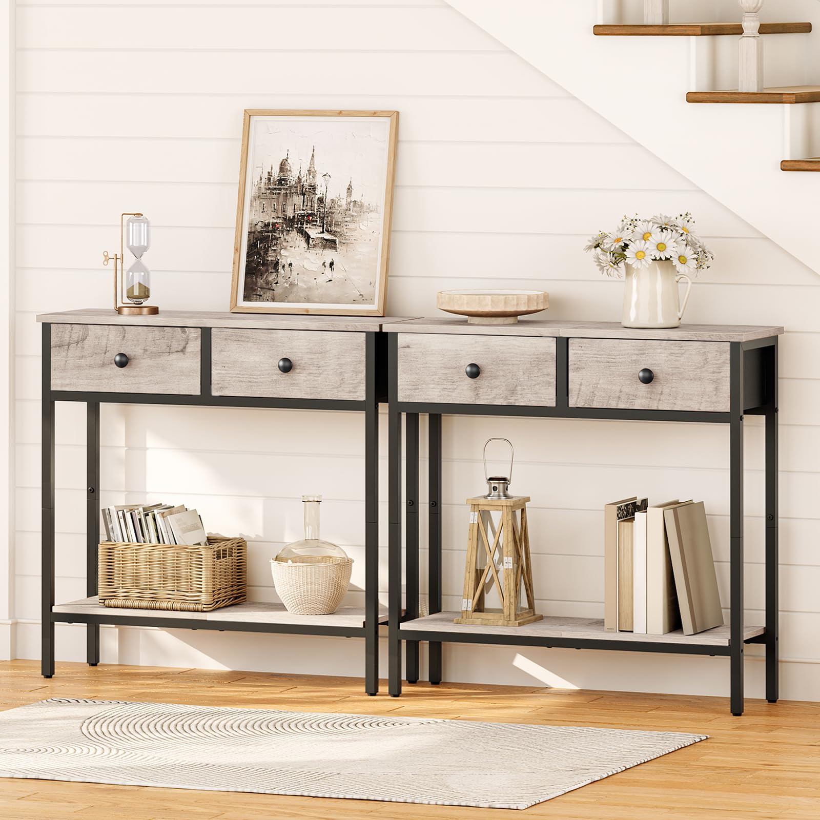 hoobro-console-table-29-5-2-tiroirs-tissu-greige image 5