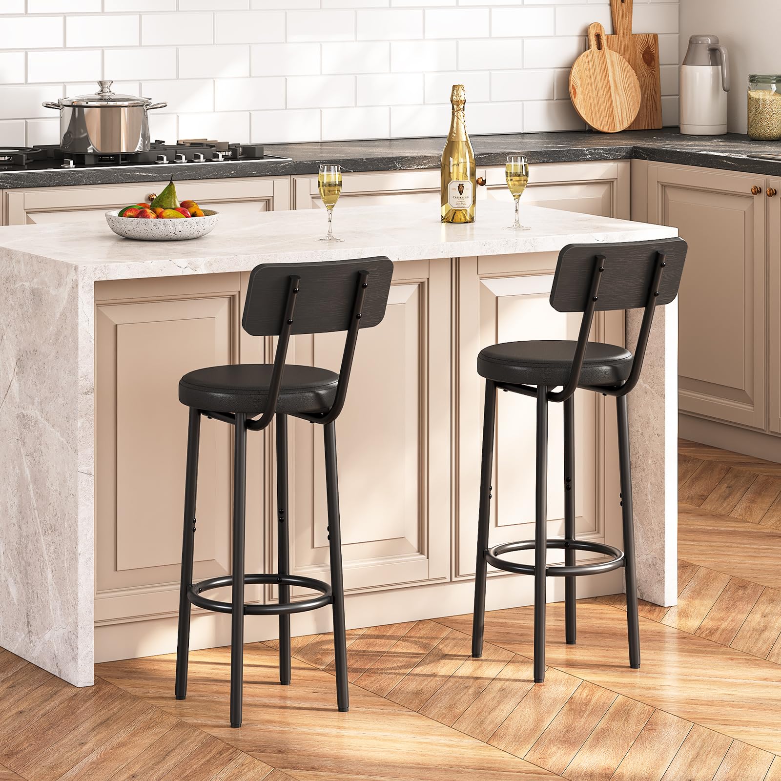 hoobro-bar-stools-tabouret-de-bar-noir-pu-lot-de-2-dossier image 2