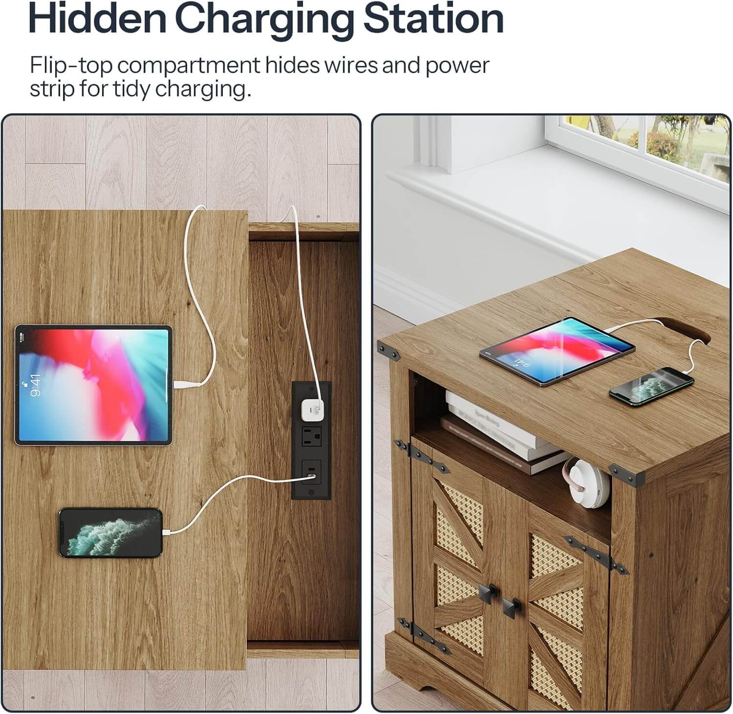 hoobro-side-tables-bout-de-canap-marron-prise-usb-rotin image 4