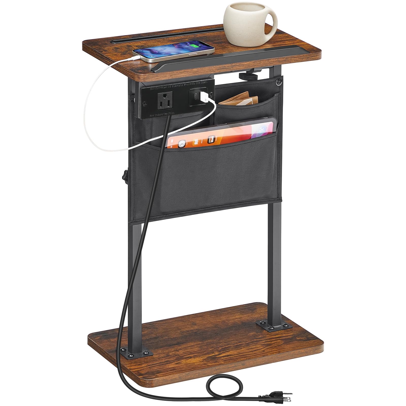 hoobro-side-tables-bout-de-canap-marron-hauteur-r-glable-avec-prise image 1