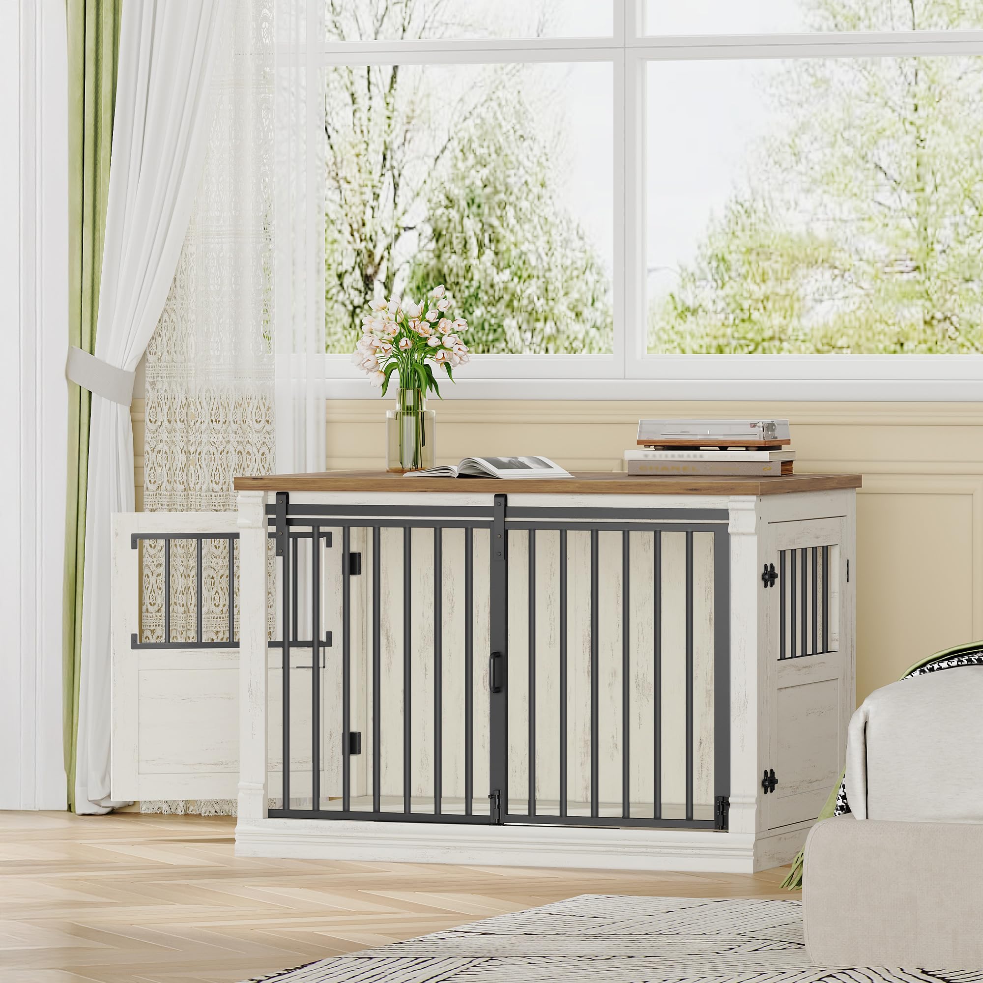 hexcelen-meuble-cage-chien-101-cm-niche-blanc-marron-porte-coulissante image 8
