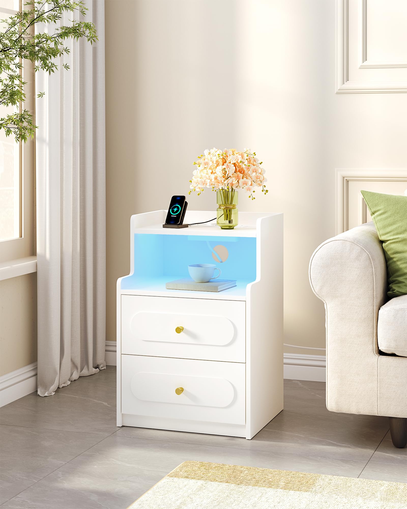 hexcelen-table-de-chevet-led-blanc-usb-2-tiroirs image 2
