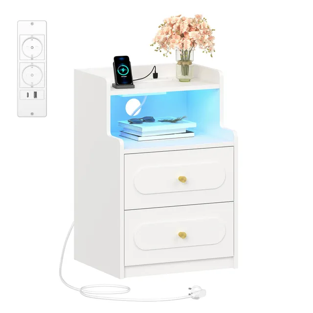 hexcelen-table-de-chevet-led-blanc-usb-2-tiroirs image 1
