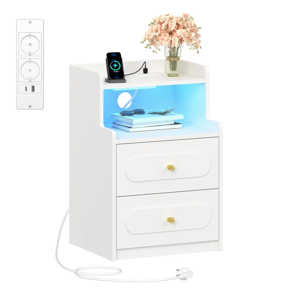hexcelen-table-de-chevet-led-blanc-usb-2-tiroirs image 1