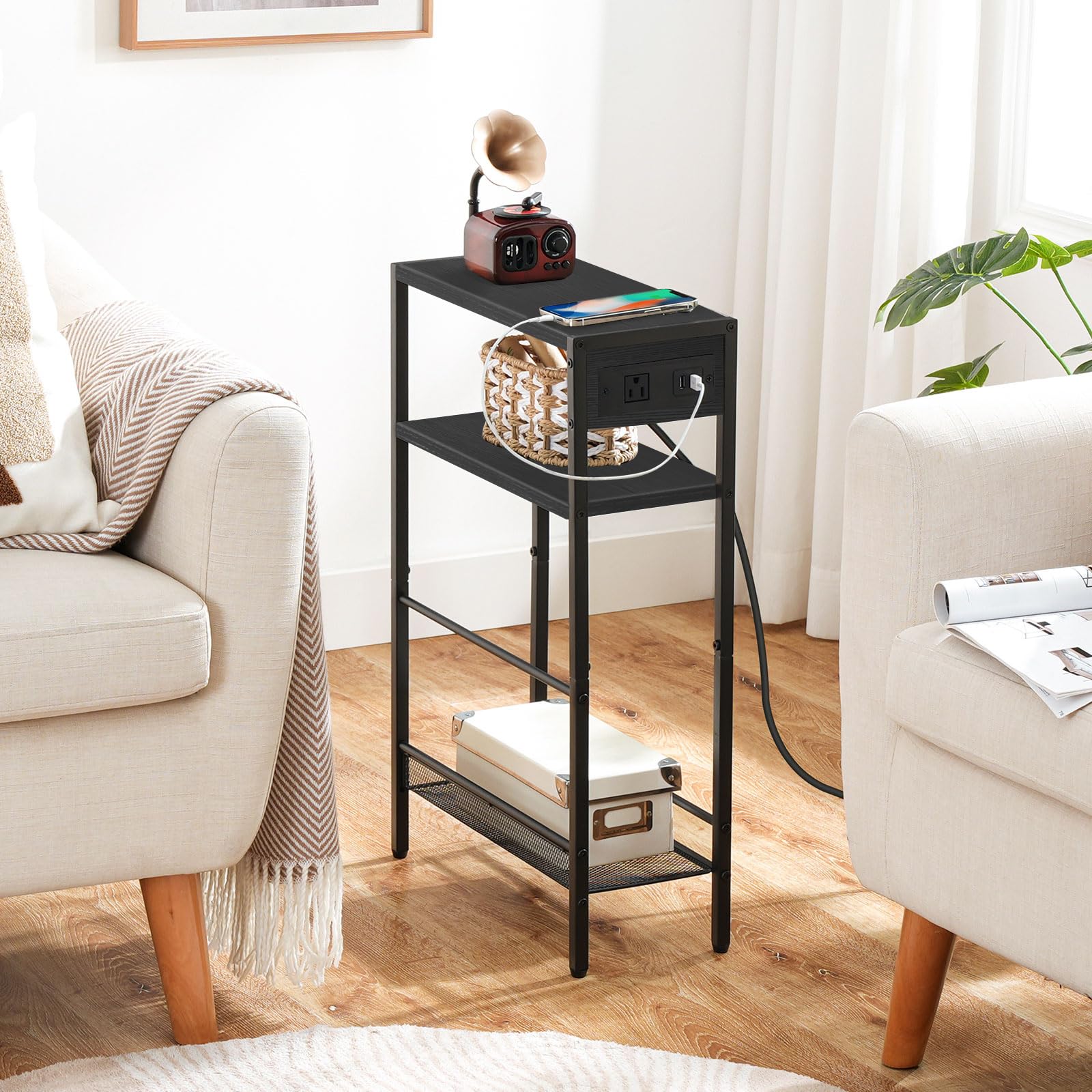 hoobro-side-tables-table-d-appoint-troite-noire-avec-station-charge image 4