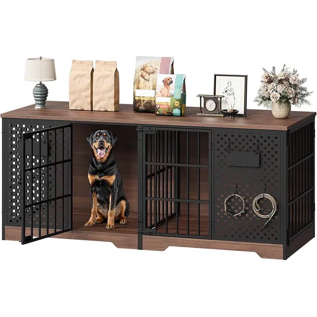 hoobro-double-niche-chien-meuble-tv-180-cm-noyer image 1
